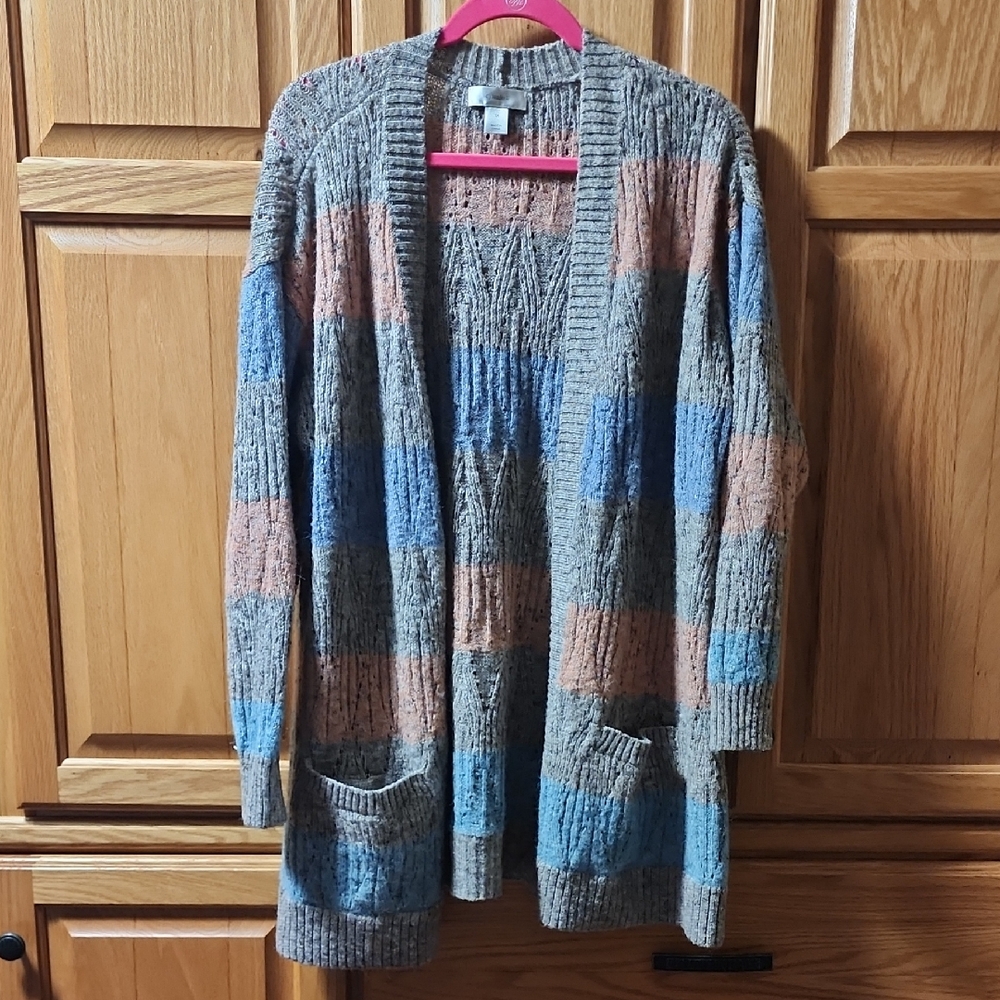CJ Banks Blue and Tan Striped Oversized Long Cardigan